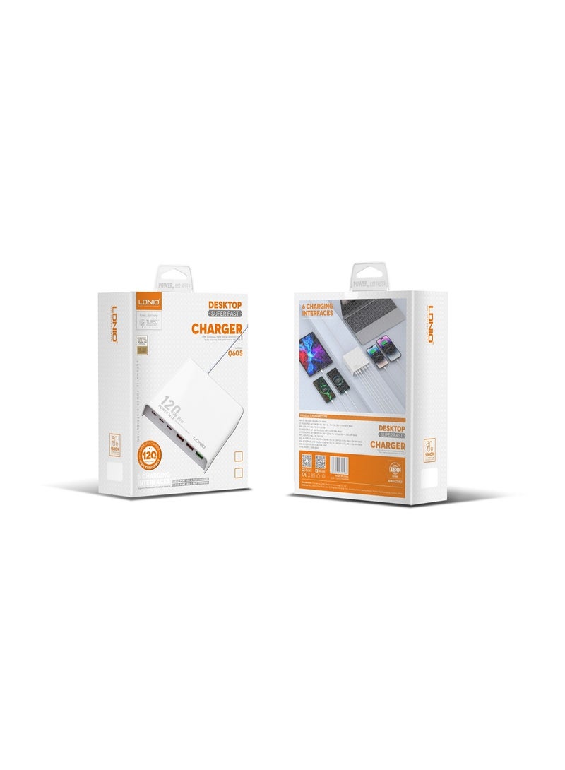 لدنيو محطة شحن مكتبية متعددة المنافذ Q605 بقدرة 120 واط، شاحن USB بستة منافذ (3 منافذ USB-C + 3 منافذ USB-A)، محول شحن سريع بتقنية PD3.0 وQC3.0 وPPS لأجهزة الكمبيوتر المحمولة والأجهزة اللوحية والهواتف الذكية، لون أبيض - Image 3